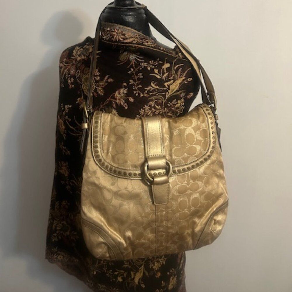 Coach 12852 Vintage Gold Studded Lurex Signature Flap Duffie  bag